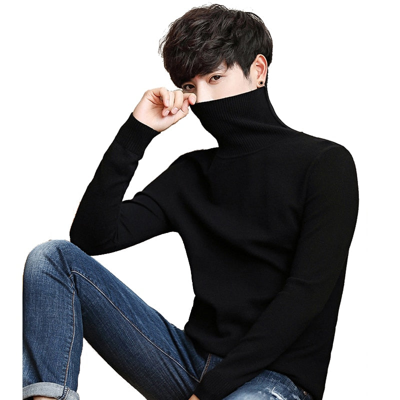 Black Turtleneck Men Knitted Sweater Classic Solid Color Casual
